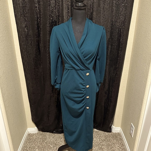 Long sleeve Greenish Blue dress with gold buttons - Picture 1 of 2